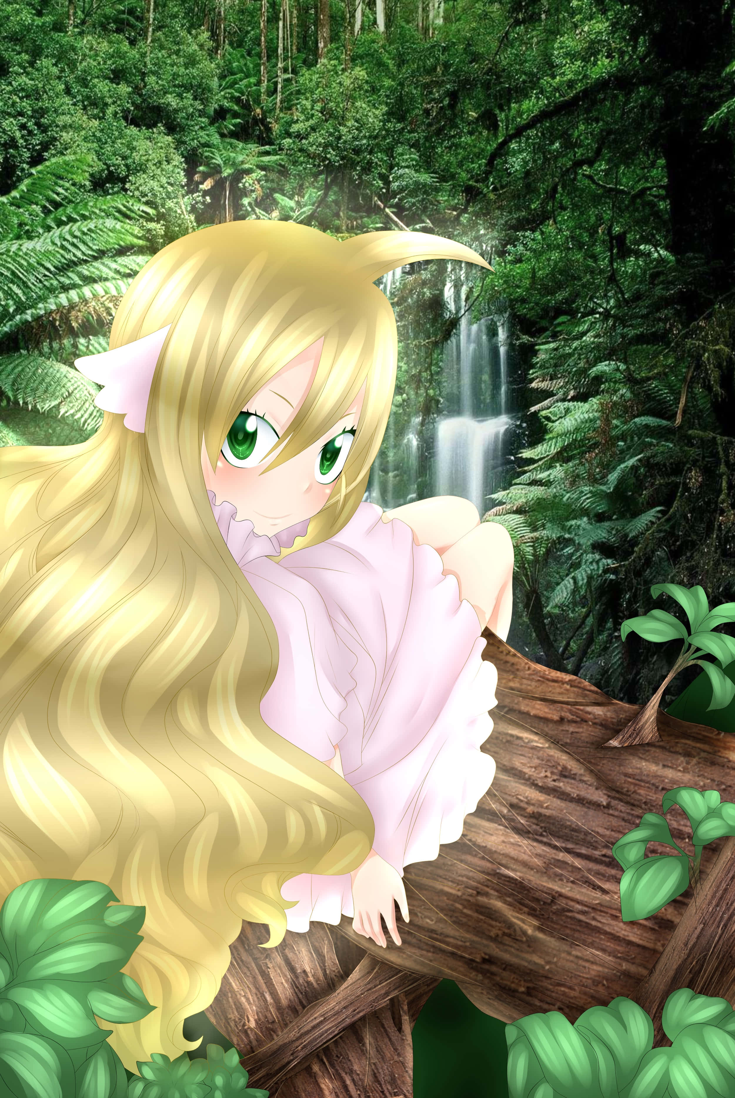 Mavis Vermillion 桌布 壁紙 — 一位金髮碧眼、戴著貓耳的動漫女孩坐在茂密綠色森林中瀑布旁邊的木頭上。