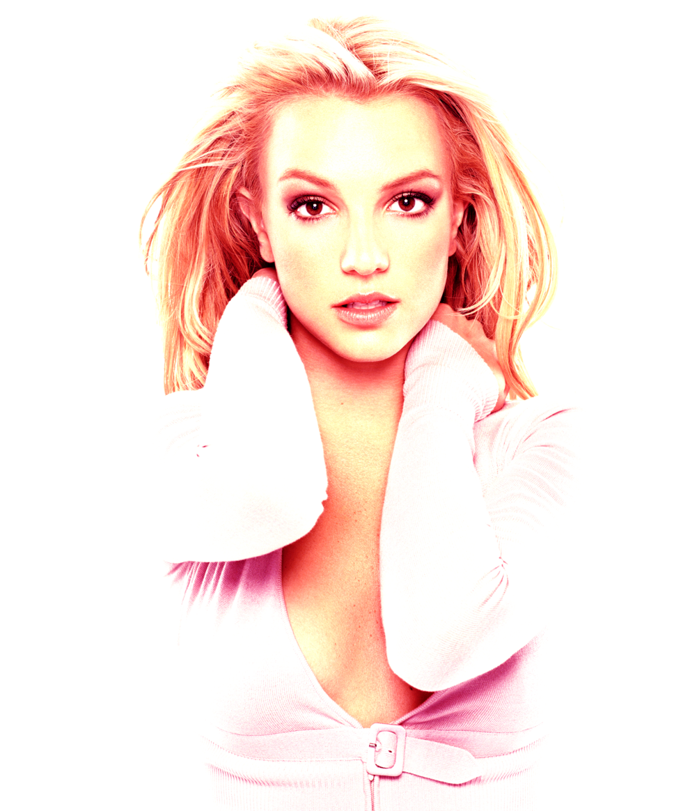 Britney Spears 桌布 壁紙 — 一位金髮碧眼、目光銳利的女性，身穿粉紅色上衣，背景是帶有白色斑點的純黑色。