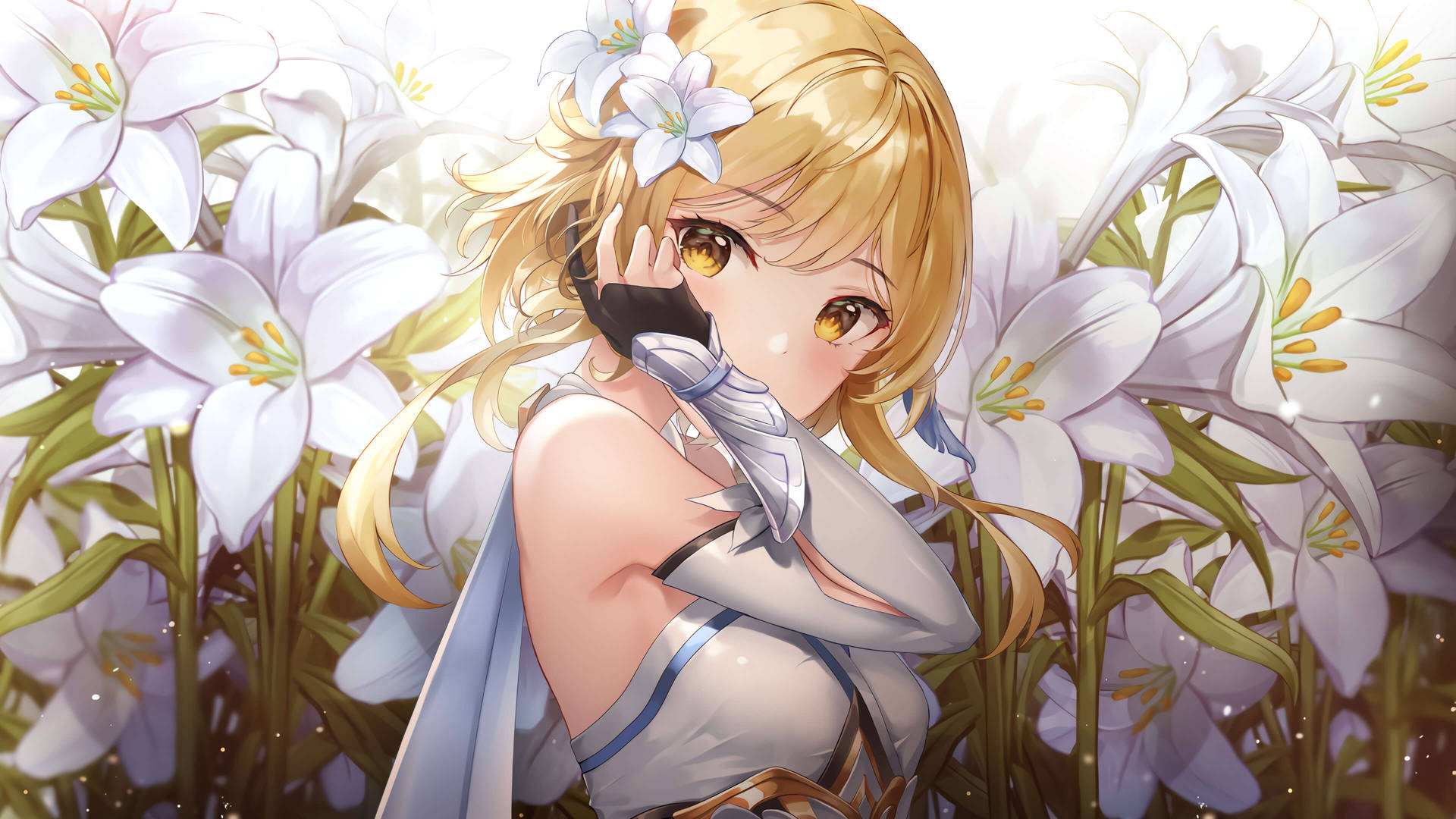 電玩遊戲 桌布 壁紙 — 一位金髮碧眼、頭髮上插著白色百合花的動漫女孩，站在一片發光的白色百合花田中。