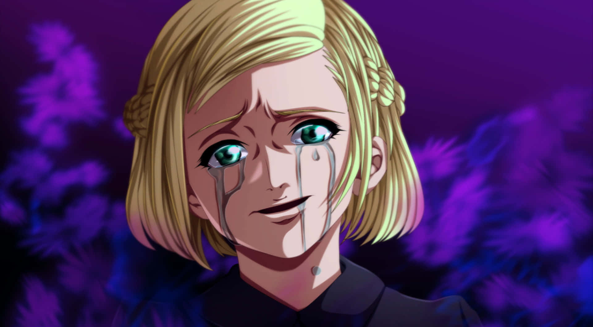 Akira Mado 桌布 壁紙 — 一位金髮碧眼的動漫女孩在旋轉的紫色背景下流下血淚。