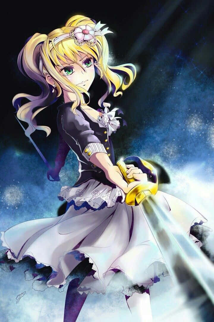 Elizabeth Midford 桌布 壁紙 — 一位金髮碧眼的動漫女孩在星光宇宙背景下揮舞著發光的劍。