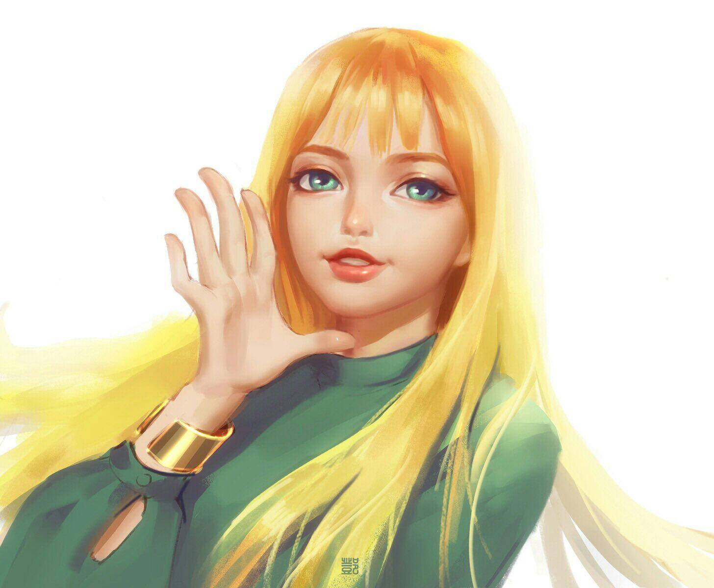 金髮綠眼的動漫女孩戴著金手鐲揮手。