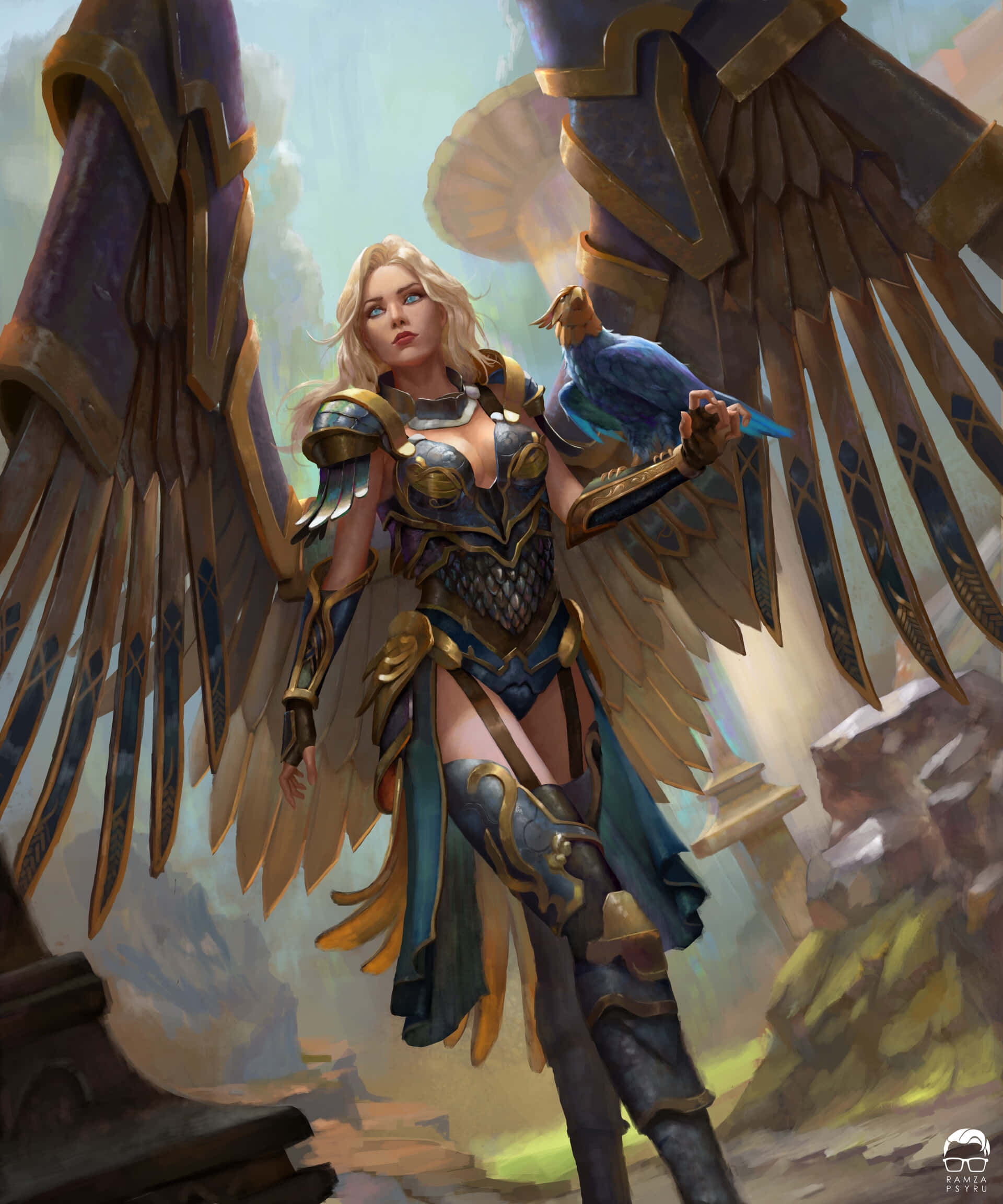 Female Viking Warriors 桌布 壁紙 — 一位金髮穿盔甲的天使，擁有巨大的金色翅膀，自信地站在霧氣瀰漫的廢墟背景前，手持一隻藍色小鳥。