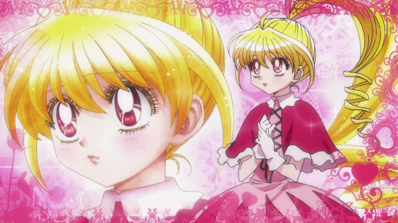 Hunter X Hunter Bisky 桌布 壁紙 — 一位金髮粉紅眼睛的開朗動漫女孩，在閃爍的粉紅花卉背景前溫暖微笑。