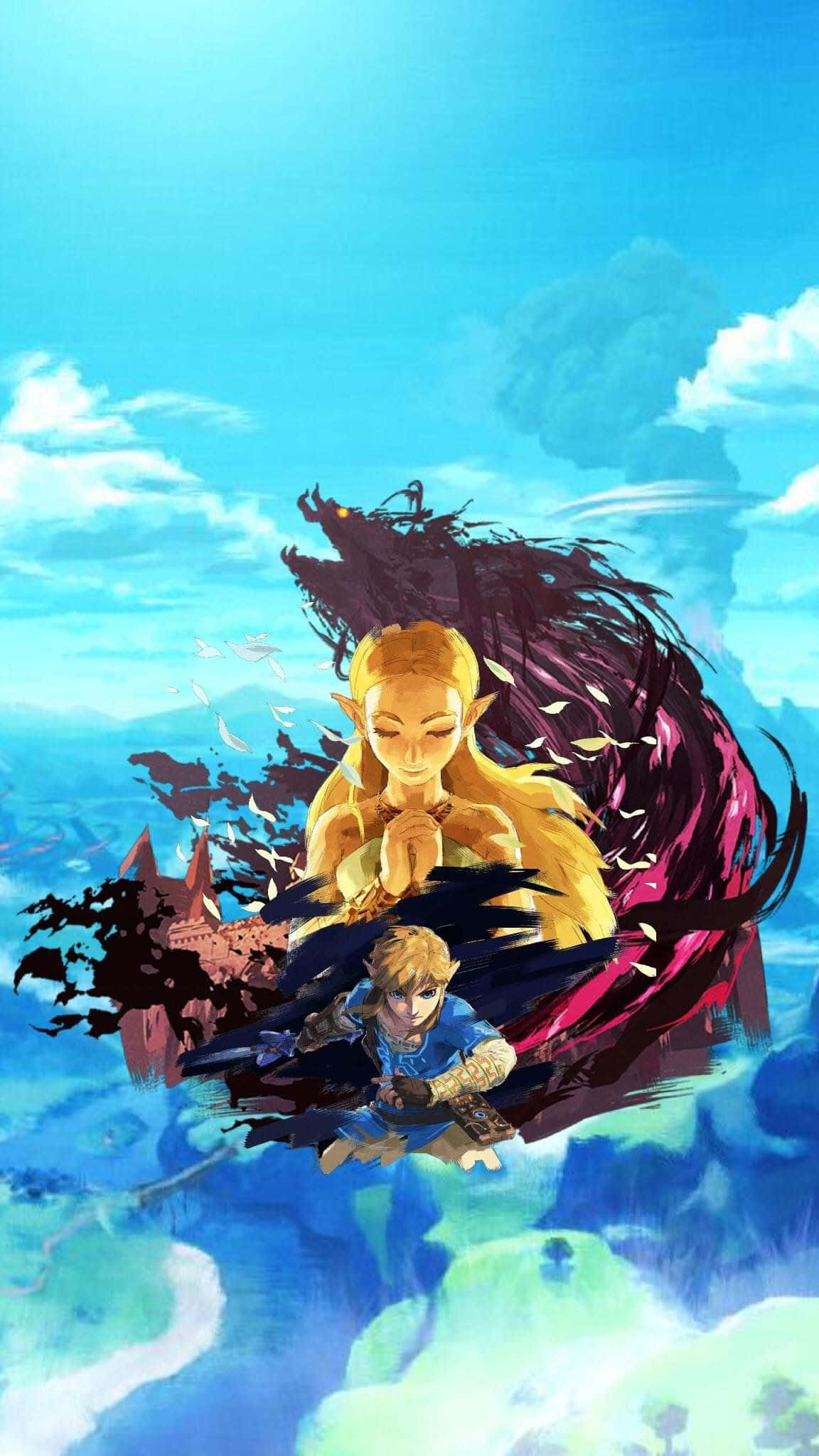Zelda Phone 桌布 壁紙 — 一位金髮精靈和一位年輕英雄在明亮的藍天中翱翔，身後有一隻黑暗的龍形生物。