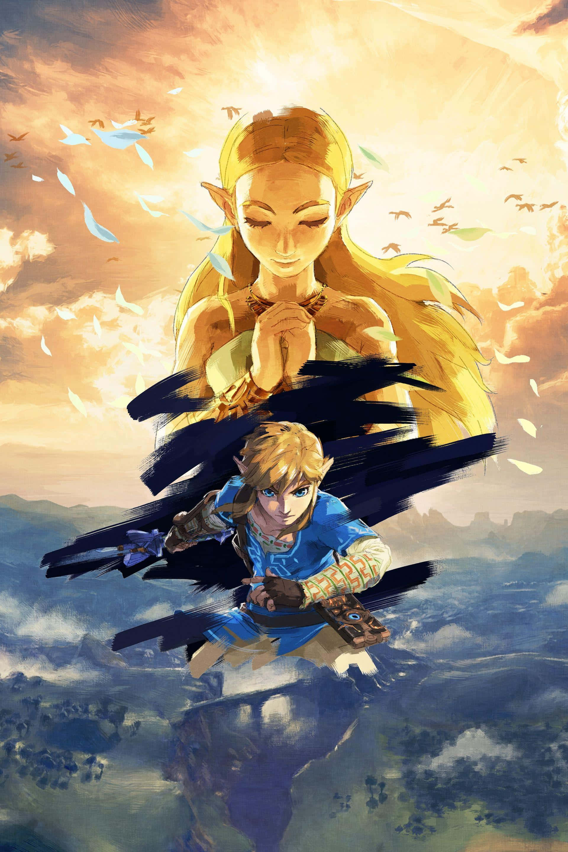 Breath Of The Wild 桌布 壁紙 — 一位金髮精靈女子在藍衣英雄上方寧靜地漂浮，溫暖的夕陽天空中有鳥兒和樹葉在他們周圍旋轉。