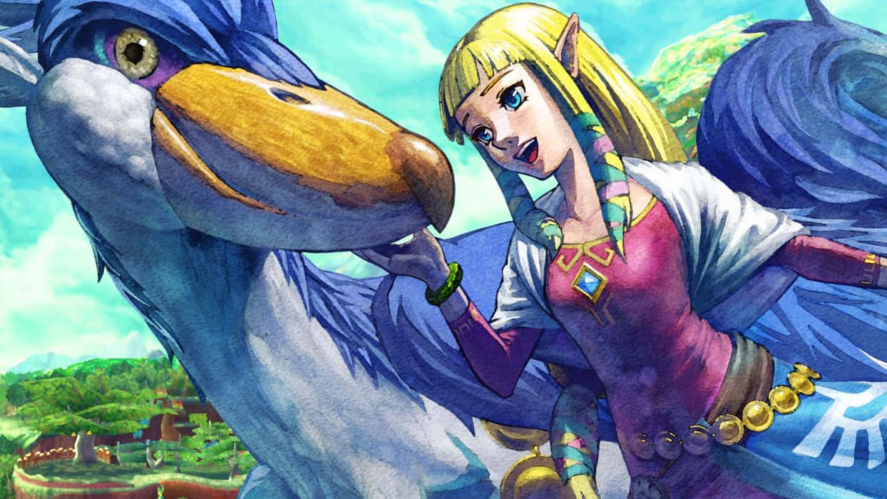 The Legend Of Zelda Skyward Sword 桌布 壁紙 — 一位金髮精靈女孩身穿粉紅色上衣，在明亮的綠色風景中輕輕撫摸一隻黃喙藍色大鳥。