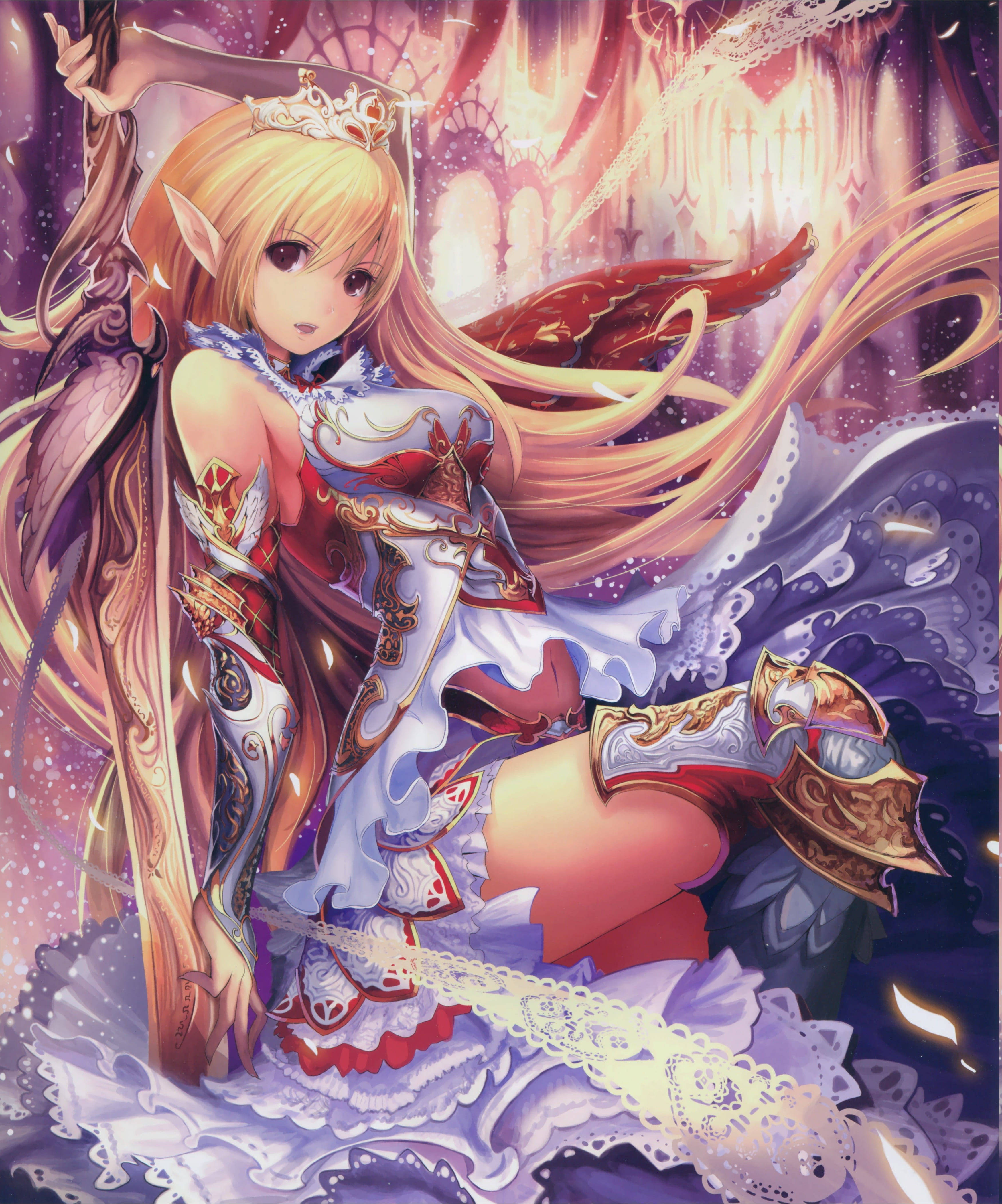 Sexy Anime 桌布 壁紙 — 一位金髮精靈少女身穿華麗盔甲和飄逸白裙，在魔法閃耀的城堡背景下手持劍。