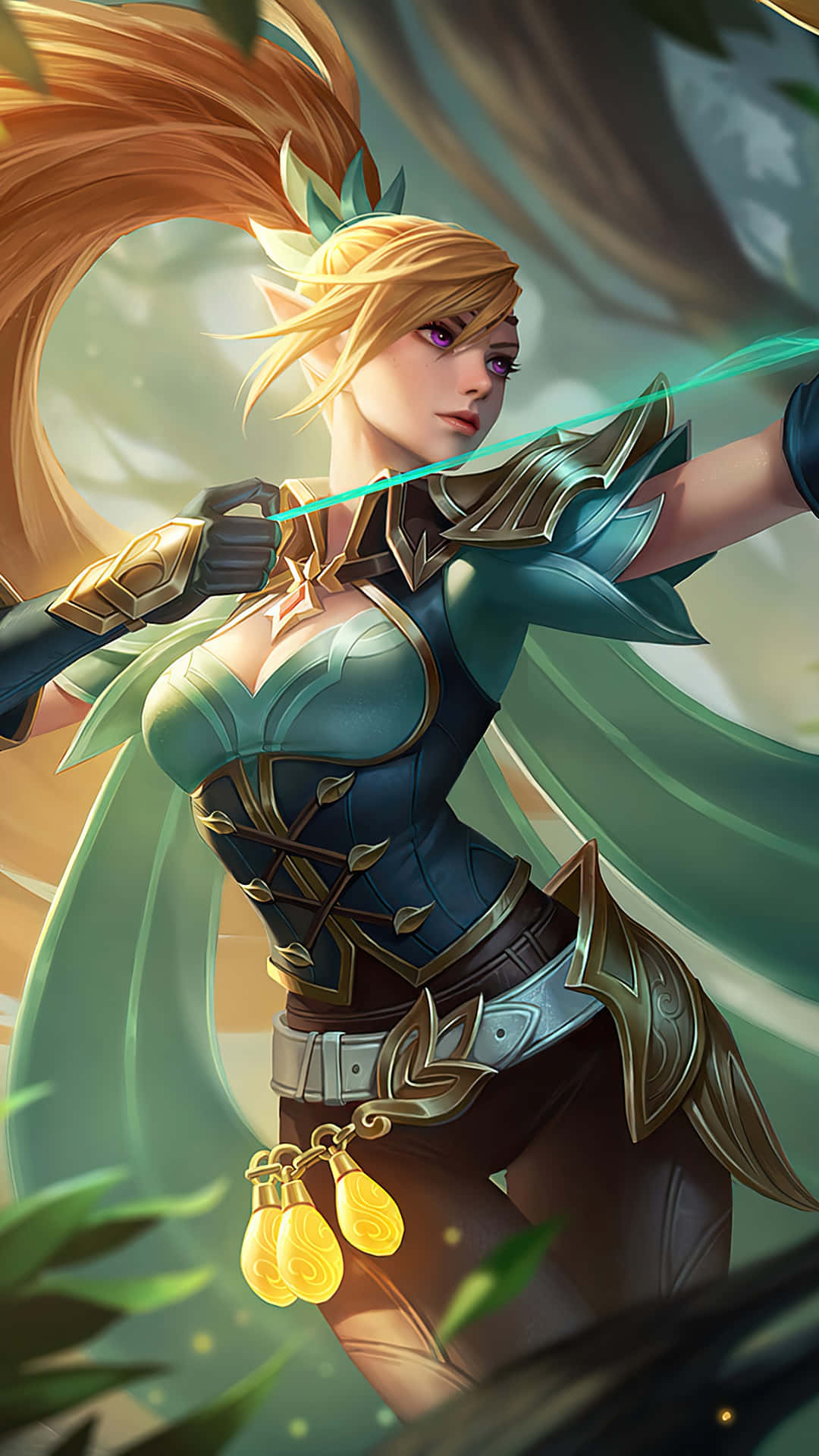 金髮精靈弓箭手身穿青綠色鎧甲在森林中拉開發光的弓 — Mobile Legends 動態圖 壁紙