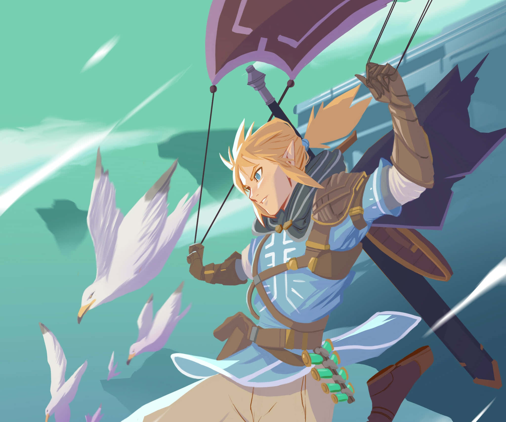 The Legend Of Zelda Tears Of The Kingdom 桌布 壁紙 — 一位金髮精靈戰士在藍綠色天空中乘著紫色降落傘滑翔，海鷗在他旁邊飛翔。