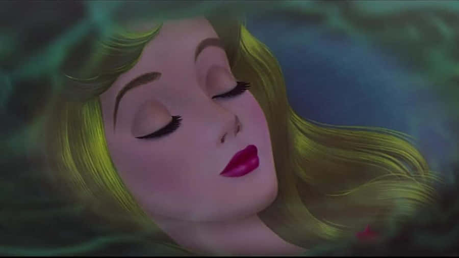 sleeping beauty 桌布 壁紙 — 一位金髮紅唇的寧靜動畫女性，在柔和的水鴨綠和藍色調中，於水下安詳地休息。
