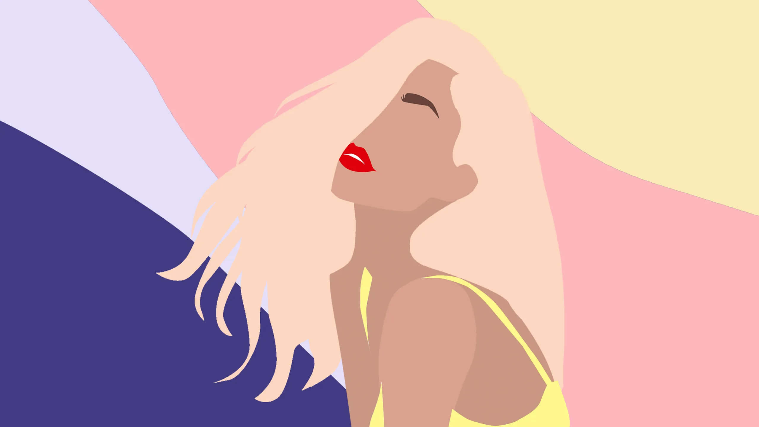 Pretty Aesthetic Computer 桌布 壁紙 — 一位金髮紅唇的風格化女性，在粉彩幾何背景上向上凝視。
