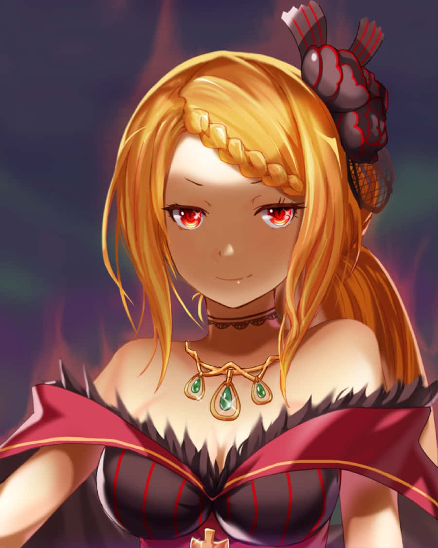 Priscilla Barielle 桌布 壁紙 — 一位金髮紅眼、辮子頭髮的動漫女孩，穿著深紅和黑色服裝，戴著綠色寶石項鍊，背景是煙霧般的紫色。