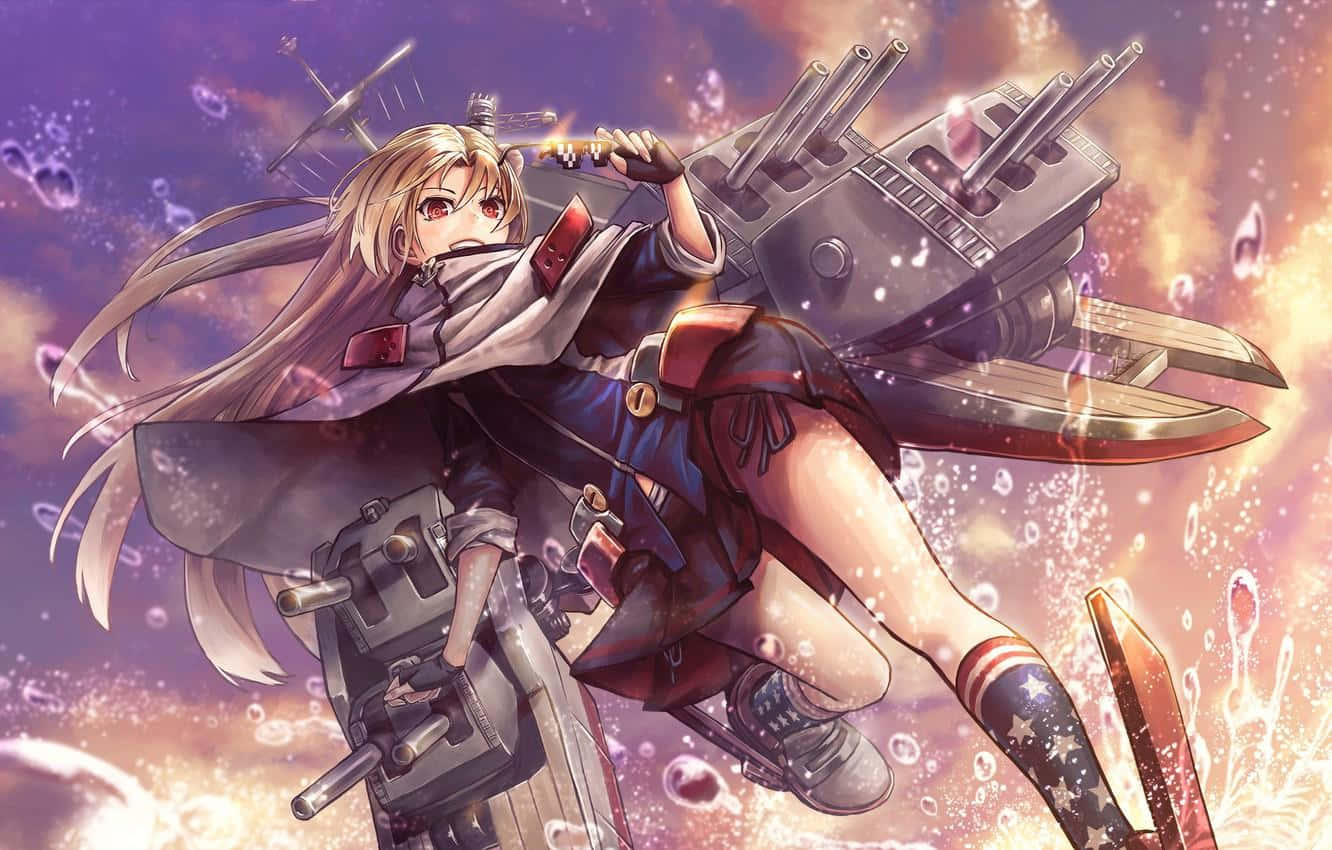 碧藍航線 桌布 壁紙 — 一位金髮紅眼動漫女孩乘著戰艦穿越閃爍的紫色和橙色天空。