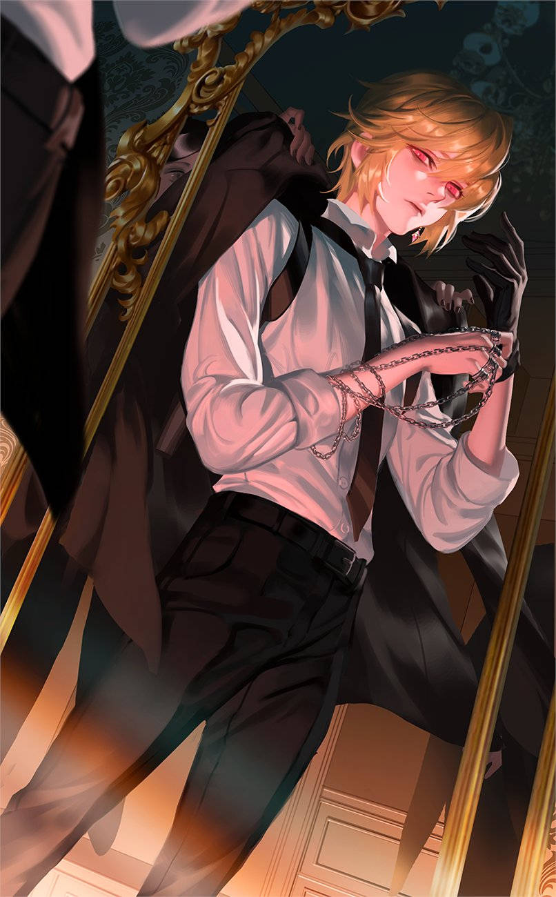 酷拉皮卡 桌布 壁紙 — 一位金髮紅眼的動漫男子，身穿白襯衫和黑色西裝，在昏暗的房間裡靠著金色鏡子，手持一條鏈條。