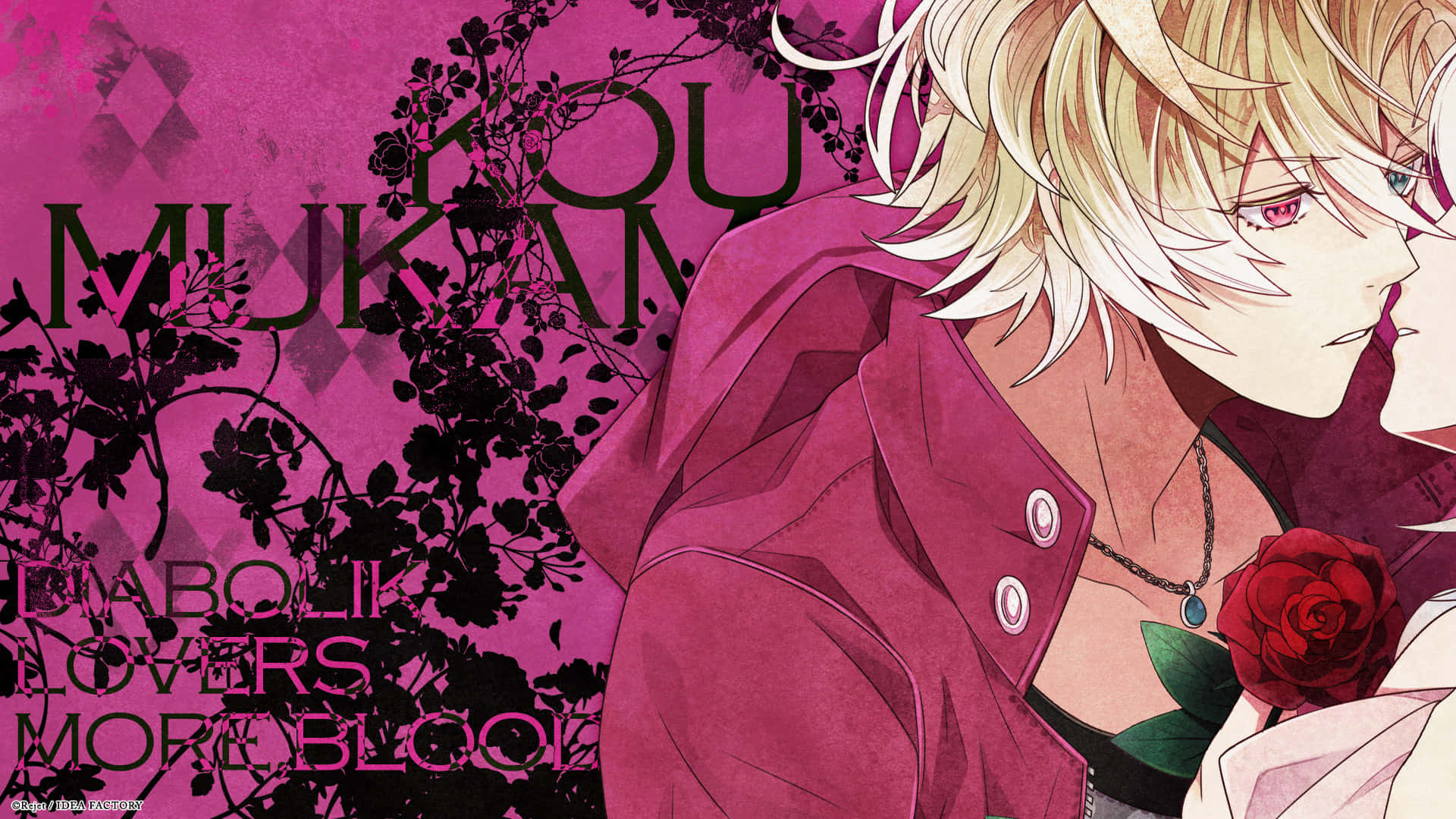 Diabolik Lovers 桌布 壁紙 — 一位金髮紅眼的動漫男性，在帶有黑色花卉藤蔓和文字的鮮豔粉紅色背景上手持一朵紅玫瑰。