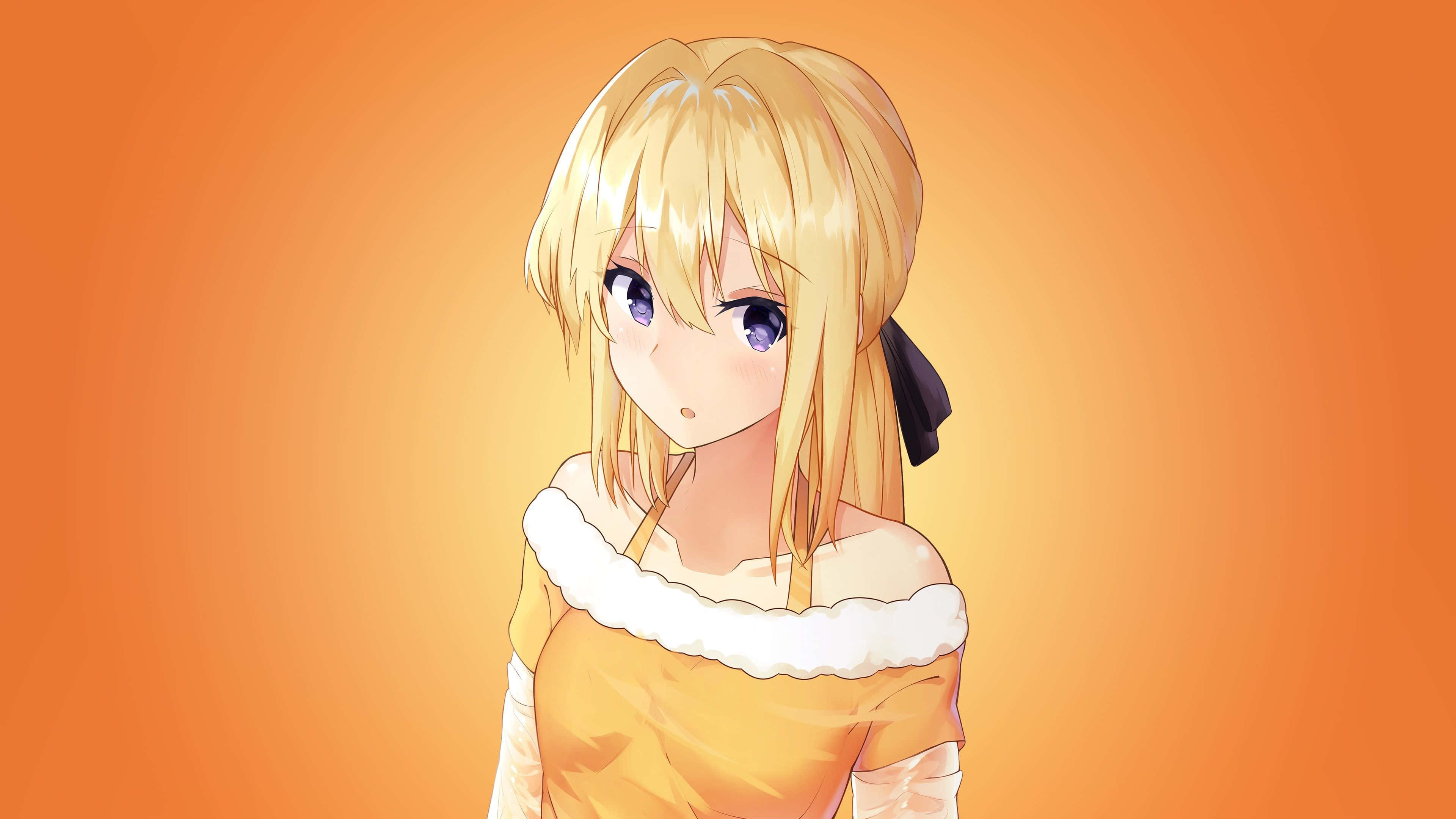 Saber 桌布 壁紙 — 一位金髮紫眼、戴黑色蝴蝶結的動漫女孩，穿著帶白色飾邊的橙色連衣裙，背景是溫暖的漸變色。