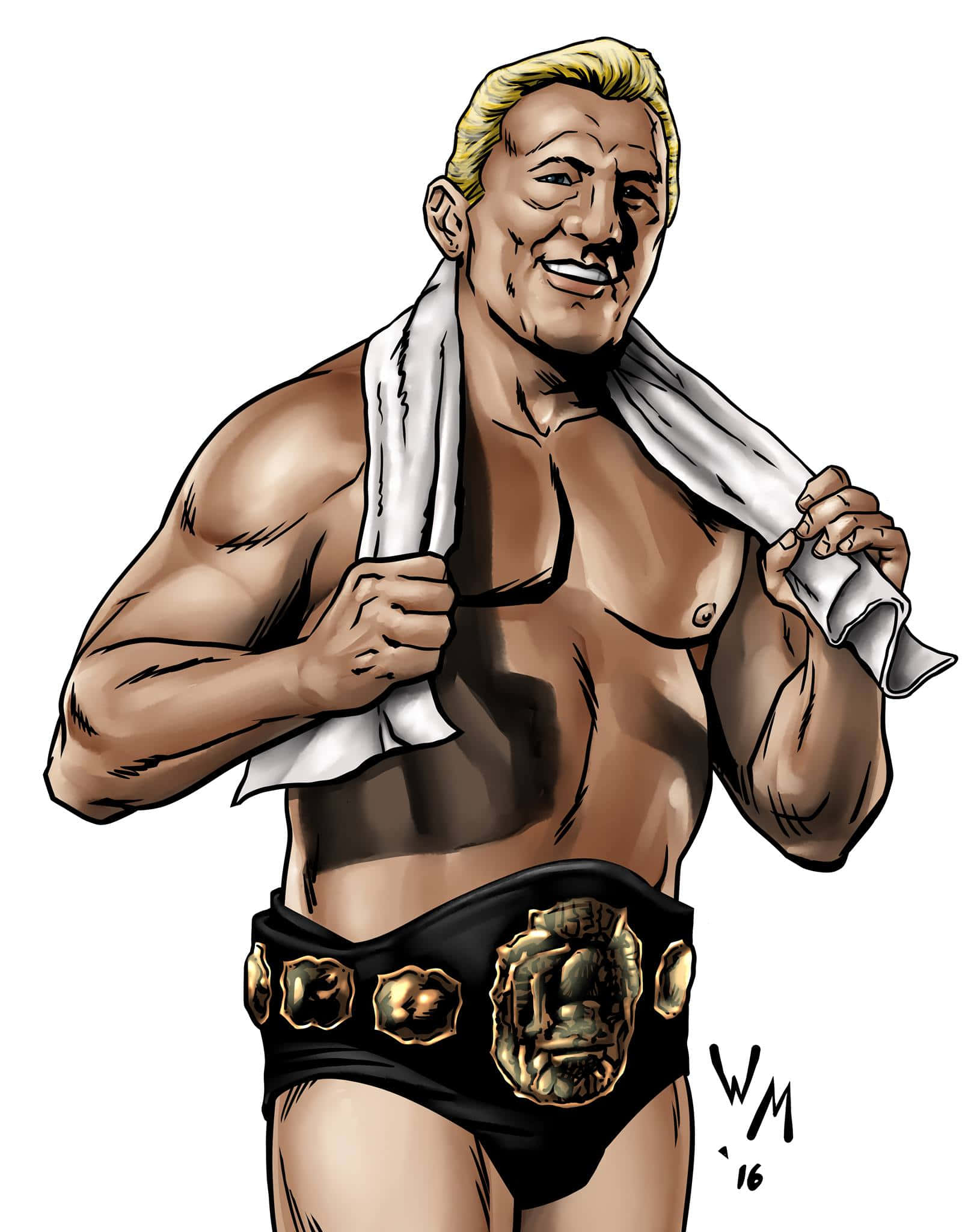 WWE 桌布 壁紙 — 一位金髮肌肉發達的摔角手微笑著，肩上披著毛巾，腰間繫著冠軍腰帶。