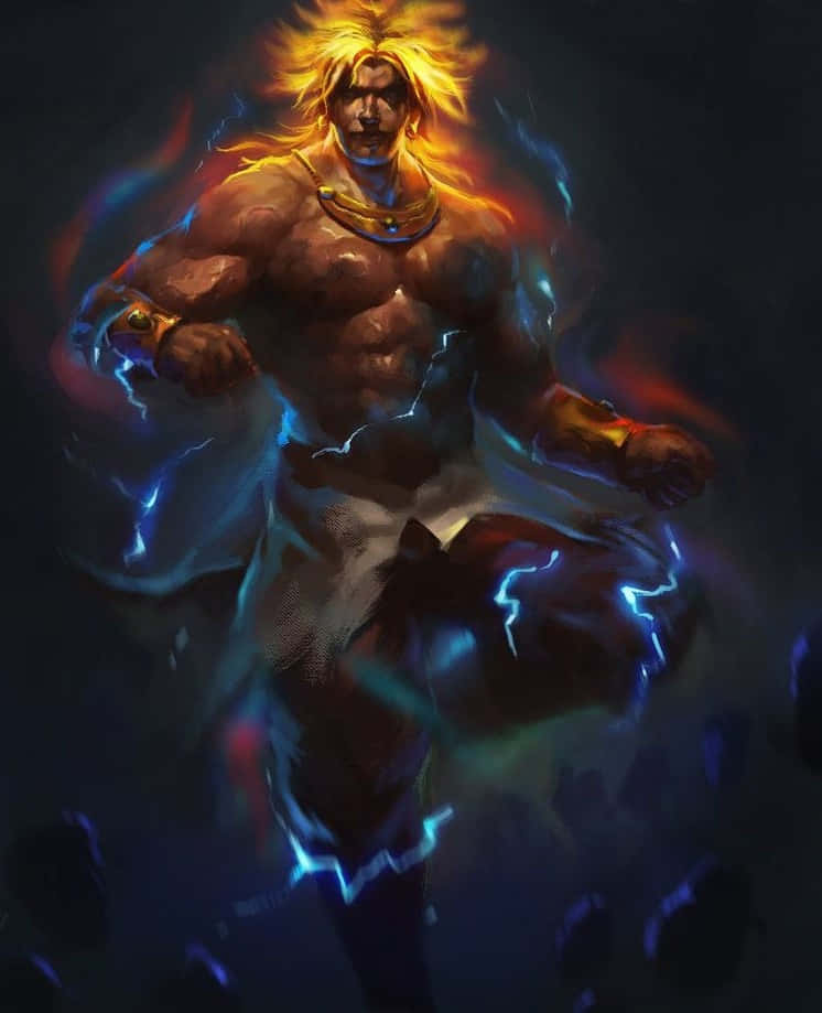 Legendary Super Saiyan 桌布 壁紙 — 一位金髮肌肉發達的神在黑暗背景下散發出熾熱的能量和噼啪作響的藍色閃電。