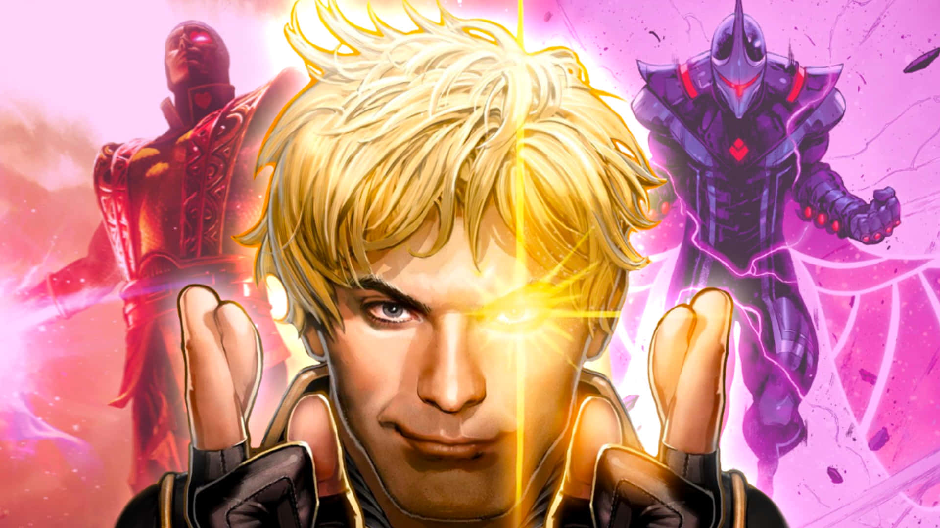 Marvel Profile 桌布 壁紙 — 一位金髮英雄，雙眼發光，雙手伸出，在充滿活力的粉紅色和紫色宇宙戰鬥場景中對抗兩名裝甲敵人。