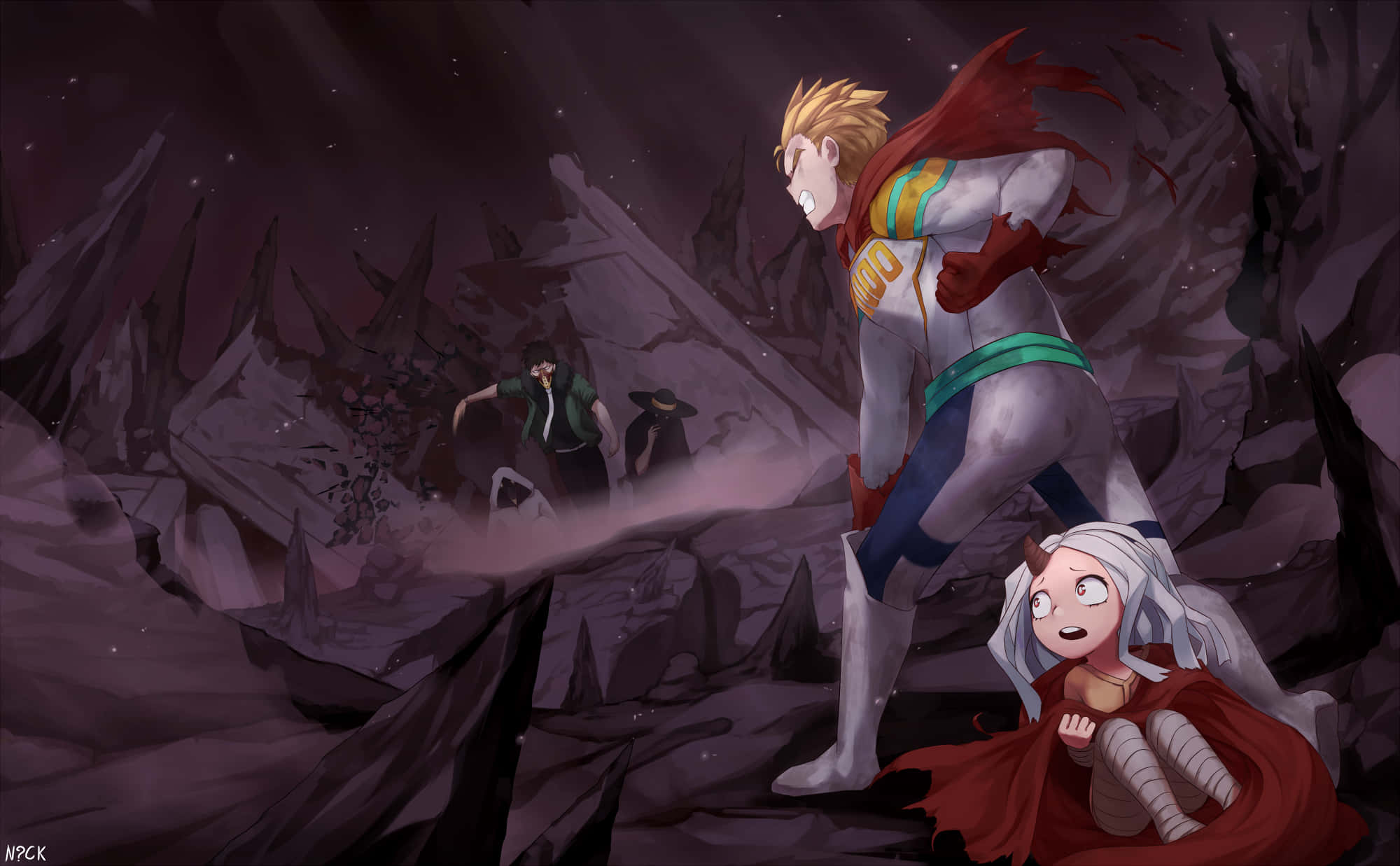 Mirio Togata 桌布 壁紙 — 一位金髮英雄穿著紅色斗篷，在星空下保護著一位白髮女孩，身處深紫色岩石峽谷中。