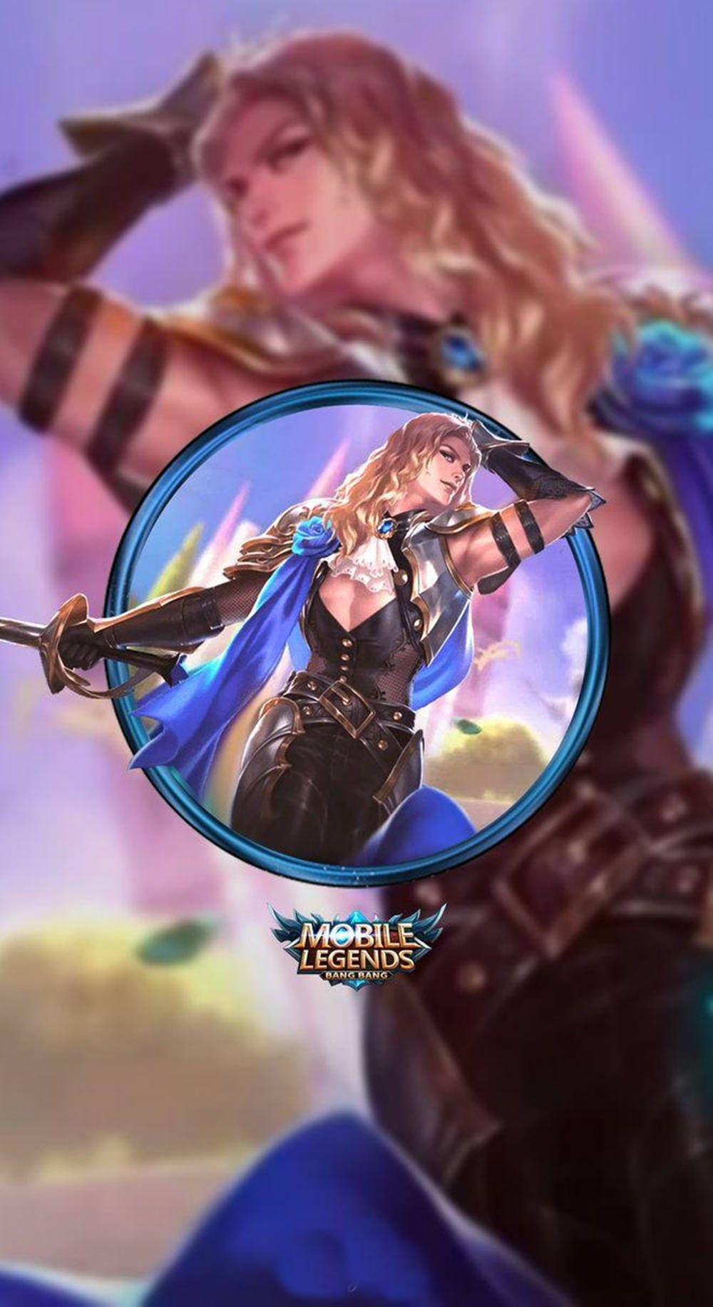 Mobile Legends 動態圖 桌布 壁紙 — 一位金髮藍披風的奇幻女戰士自信地站在發光的圓形框架中，背景是柔和的紫色和黃色天空。