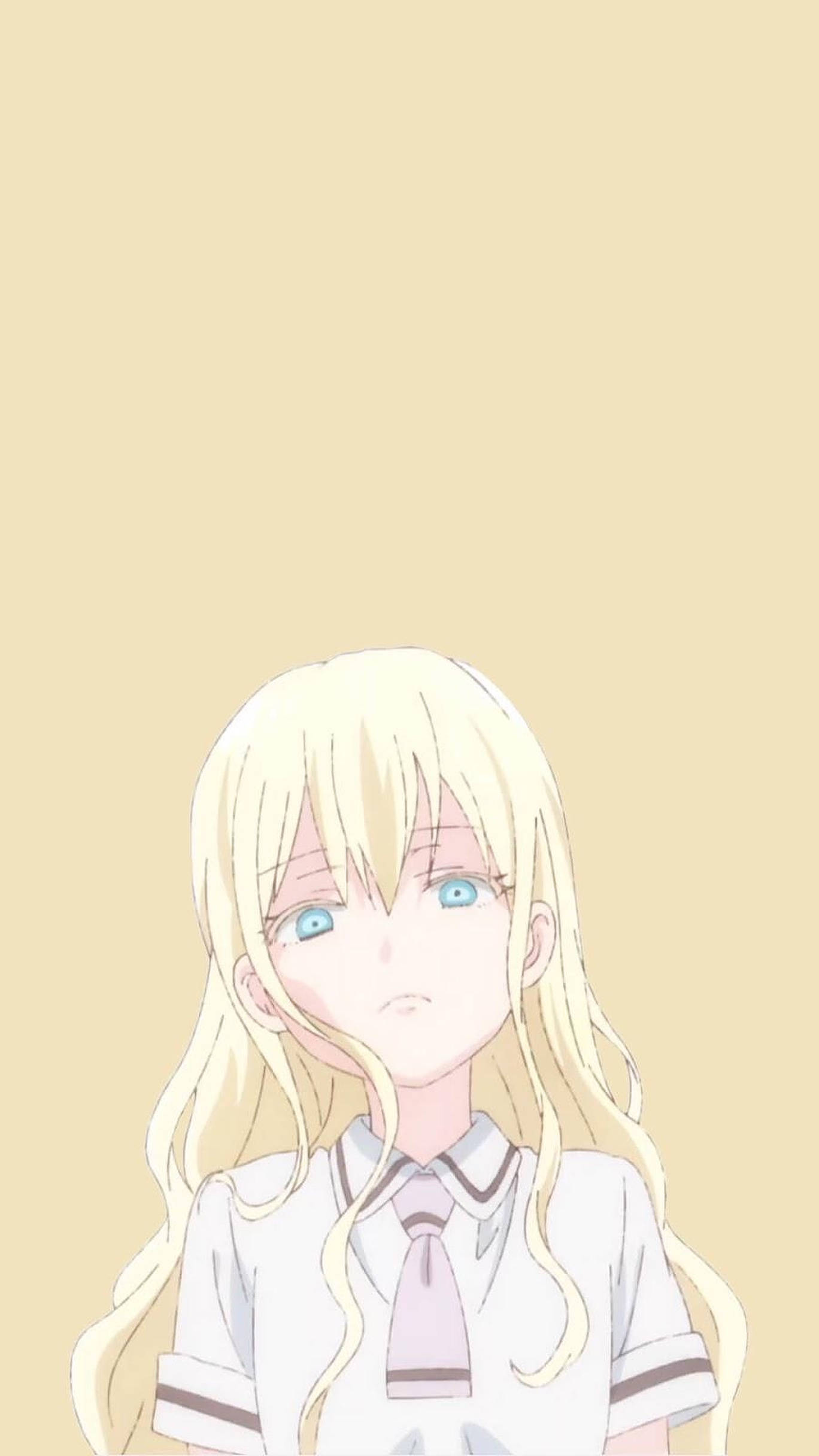 asobi asobase 桌布 壁紙 — 一位金髮藍眼、穿著校服的動漫女孩，在純米色背景上向上看。