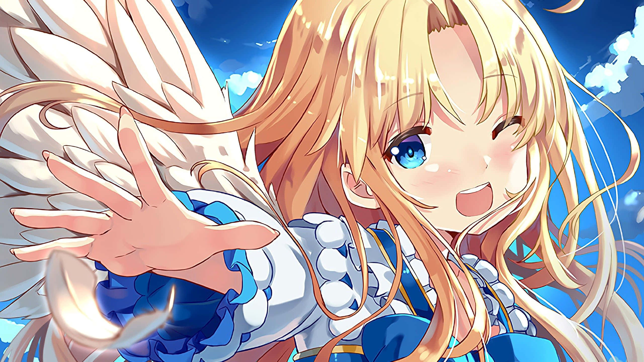 The Rising Of The Shield Hero 桌布 壁紙 — 一位金髮藍眼、開朗的動漫天使，在藍天白雲下熱情揮手。