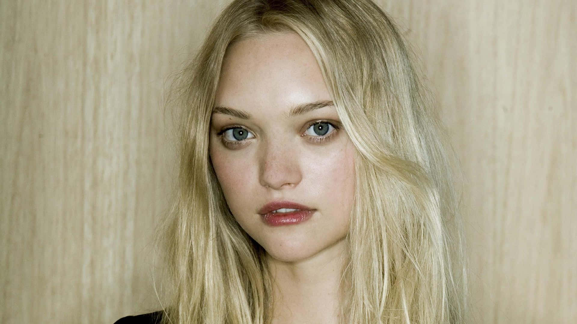 Gemma Ward 桌布 壁紙 — 一位金髮藍眼年輕女子的特寫肖像，背景為淺色木紋牆板。
