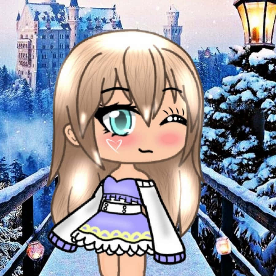 Gacha 桌布 壁紙 — 一位金髮藍眼的Q版動漫女孩在冬日天空下，於城堡附近的雪橋上溫暖微笑。