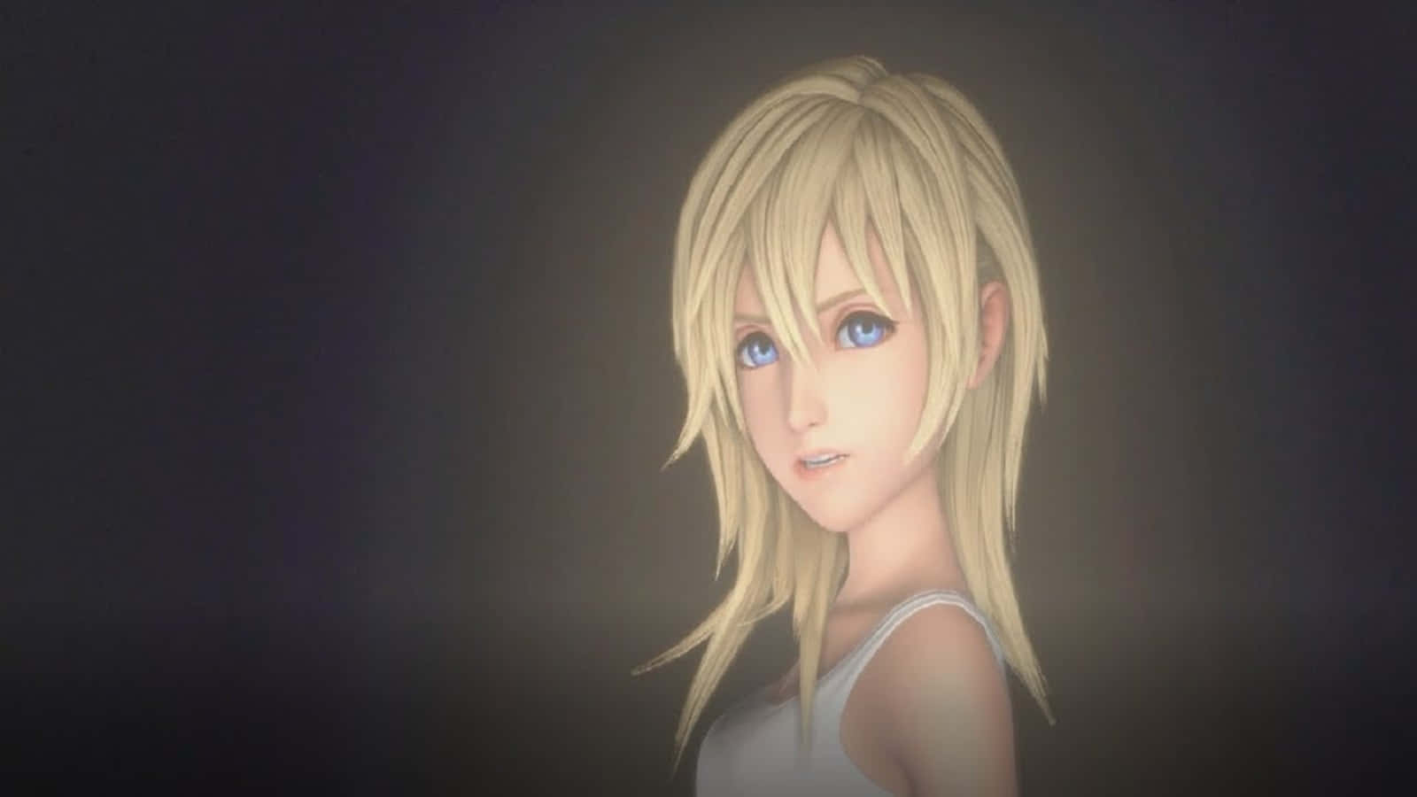 Kingdom Hearts Namine 桌布 壁紙 — 一位金髮藍眼的動漫女孩，在深色漸變背景前溫柔地凝視。