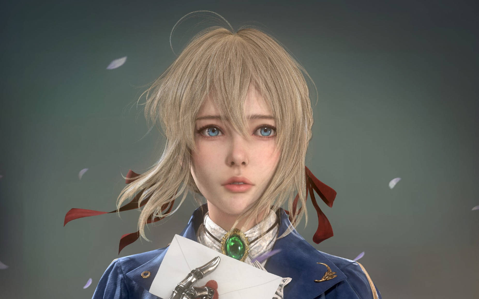 Animation 桌布 壁紙 — 一位金髮藍眼的動漫女孩，用機械手拿著一封信，背景是灰色和飄落的花瓣。