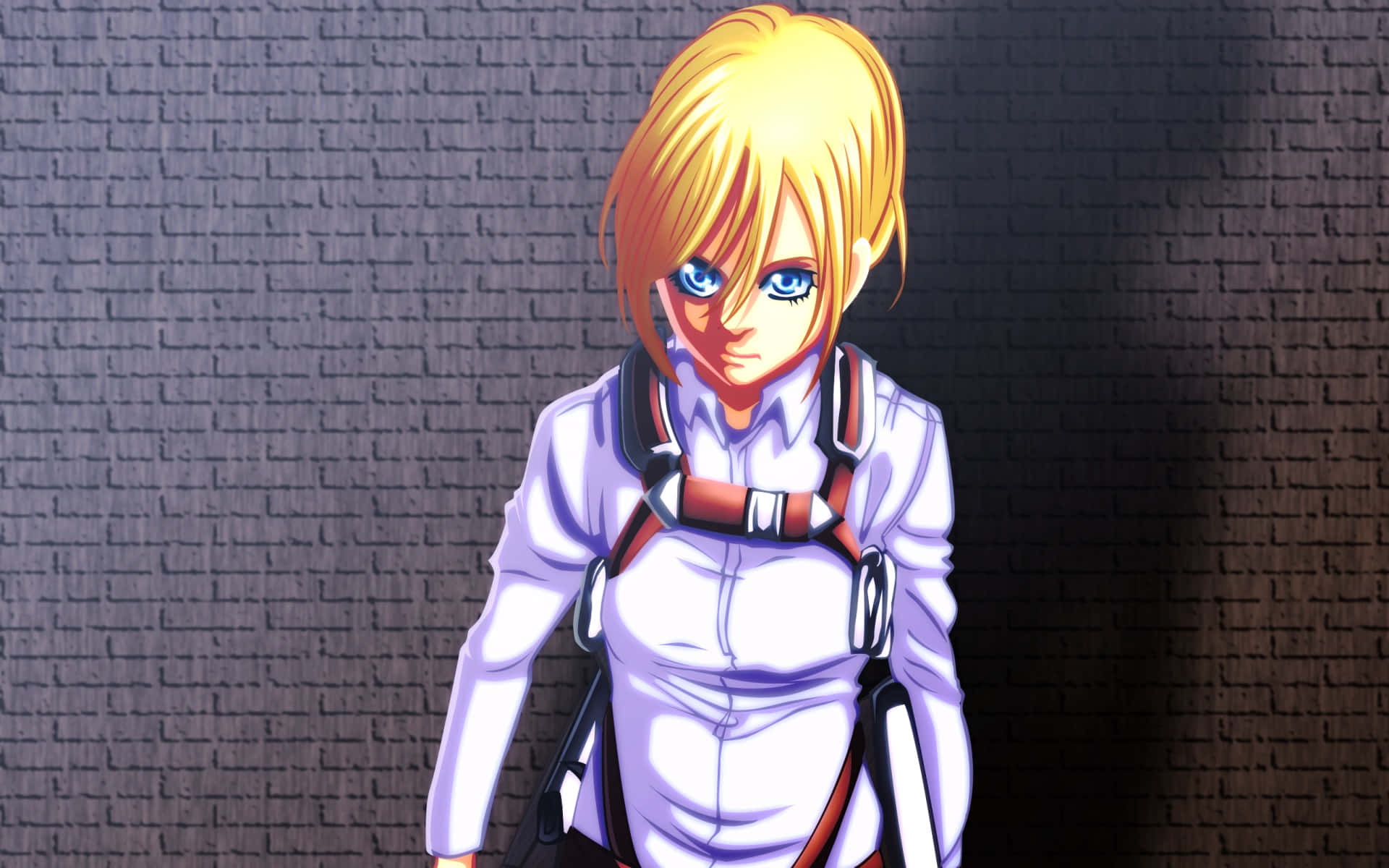 Historia Reiss 桌布 壁紙 — 一位金髮藍眼的動漫女孩，身穿白色和紅色的束具，站在深色磚牆前。