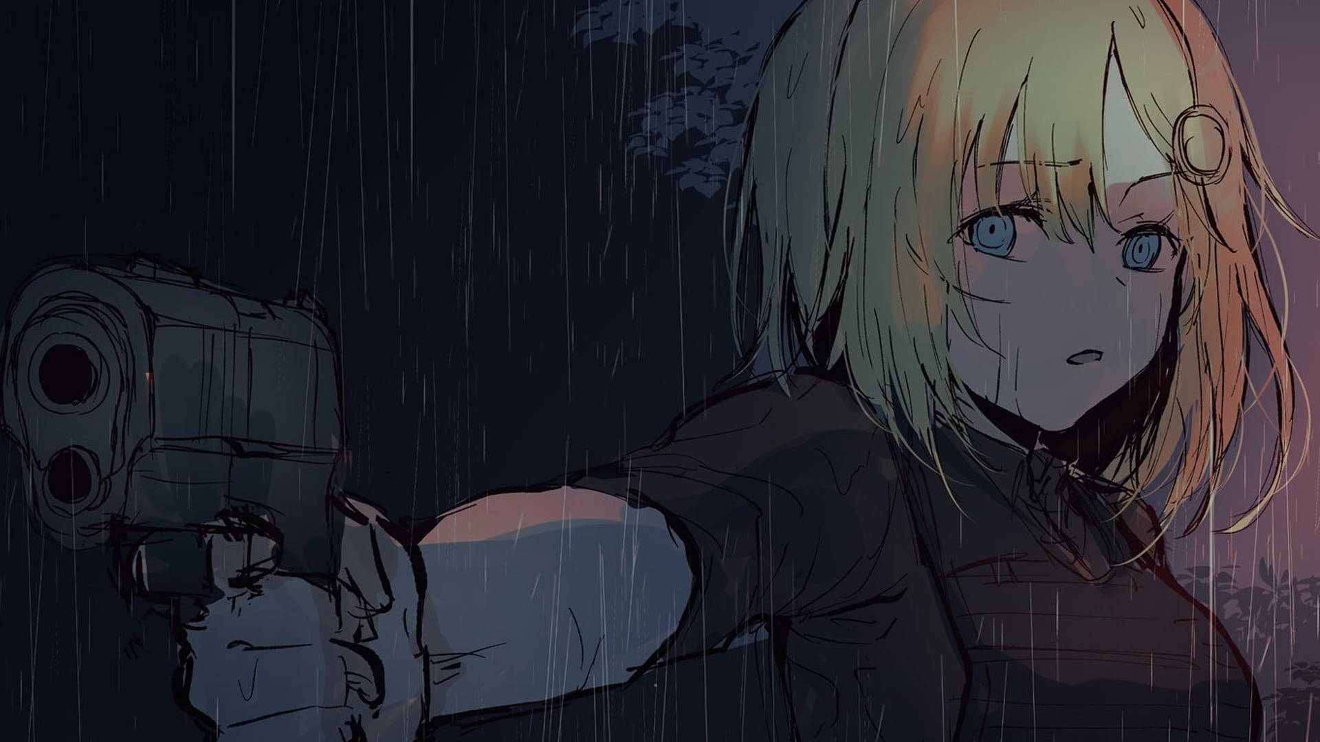 Amelia 桌布 壁紙 — 一位金髮藍眼的動漫女孩在黑暗的夜空下，雨中手持手槍。