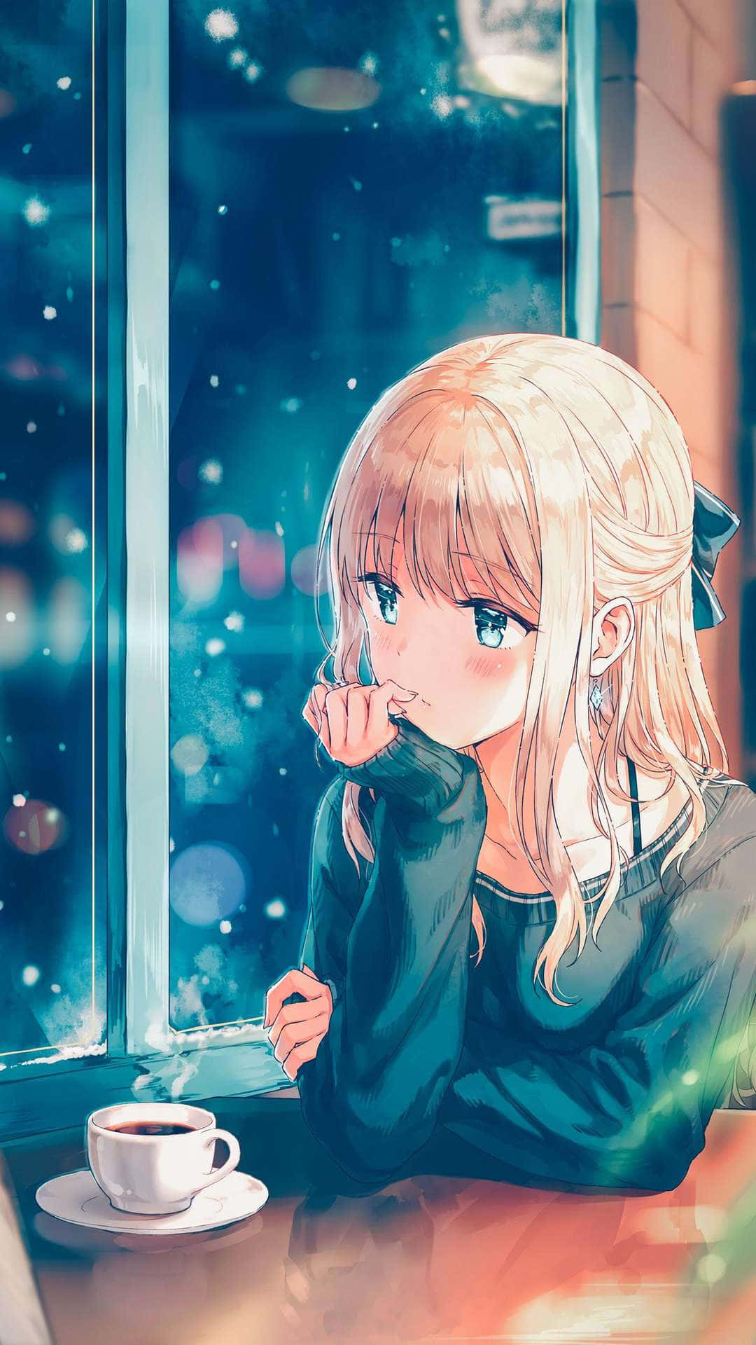 Beautiful Anime 桌布 壁紙 — 一位金髮藍眼的動漫女孩坐在窗邊，在舒適的咖啡館裡喝著咖啡，窗外雪花飄落。