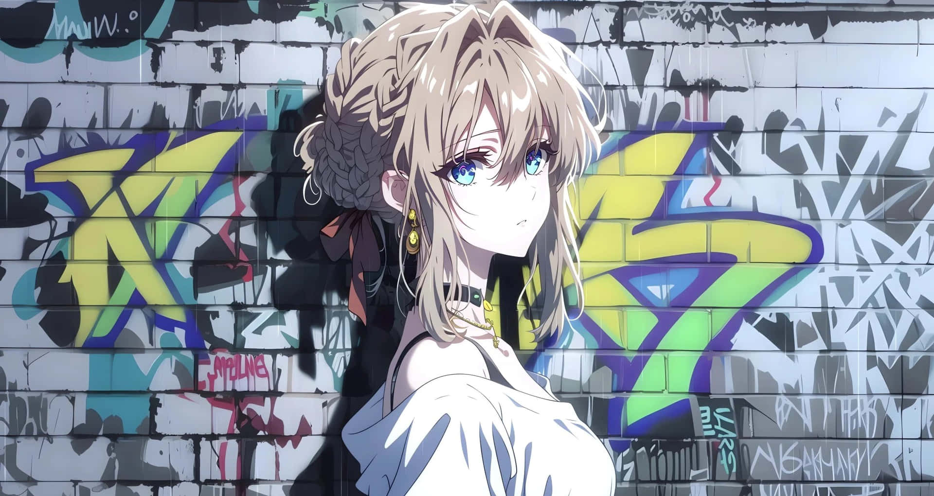anime girl wallpaper /cute/4K 壁紙 — 一位金髮藍眼的動漫女孩站在一面佈滿塗鴉的磚牆前，牆上有大膽的黃色、綠色和紫色標籤。