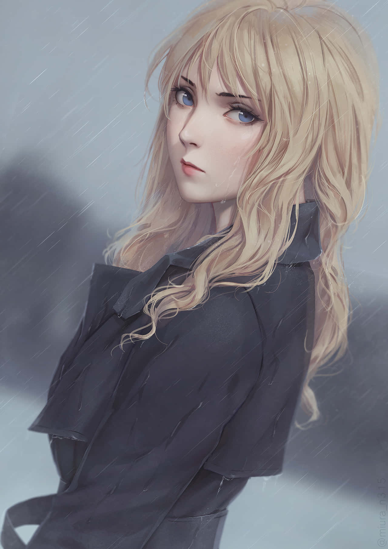 Cowboy Bebop Julia 桌布 壁紙 — 一位金髮藍眼的動漫女孩站在雨中，身穿深色外套，頭髮濕透並被風吹亂，背景為灰色。