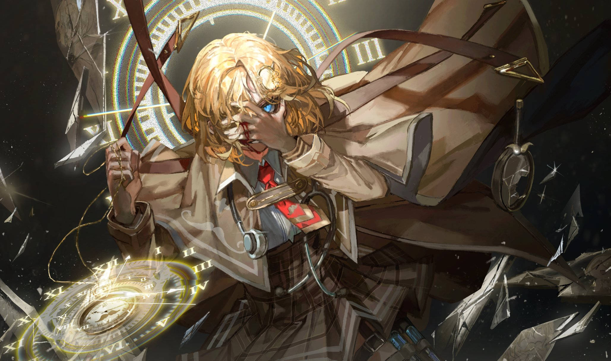 Amelia 桌布 壁紙 — 一位金髮藍眼的動漫少女在破碎的玻璃和漂浮的時鐘中揮舞著發光的時鐘主題武器。