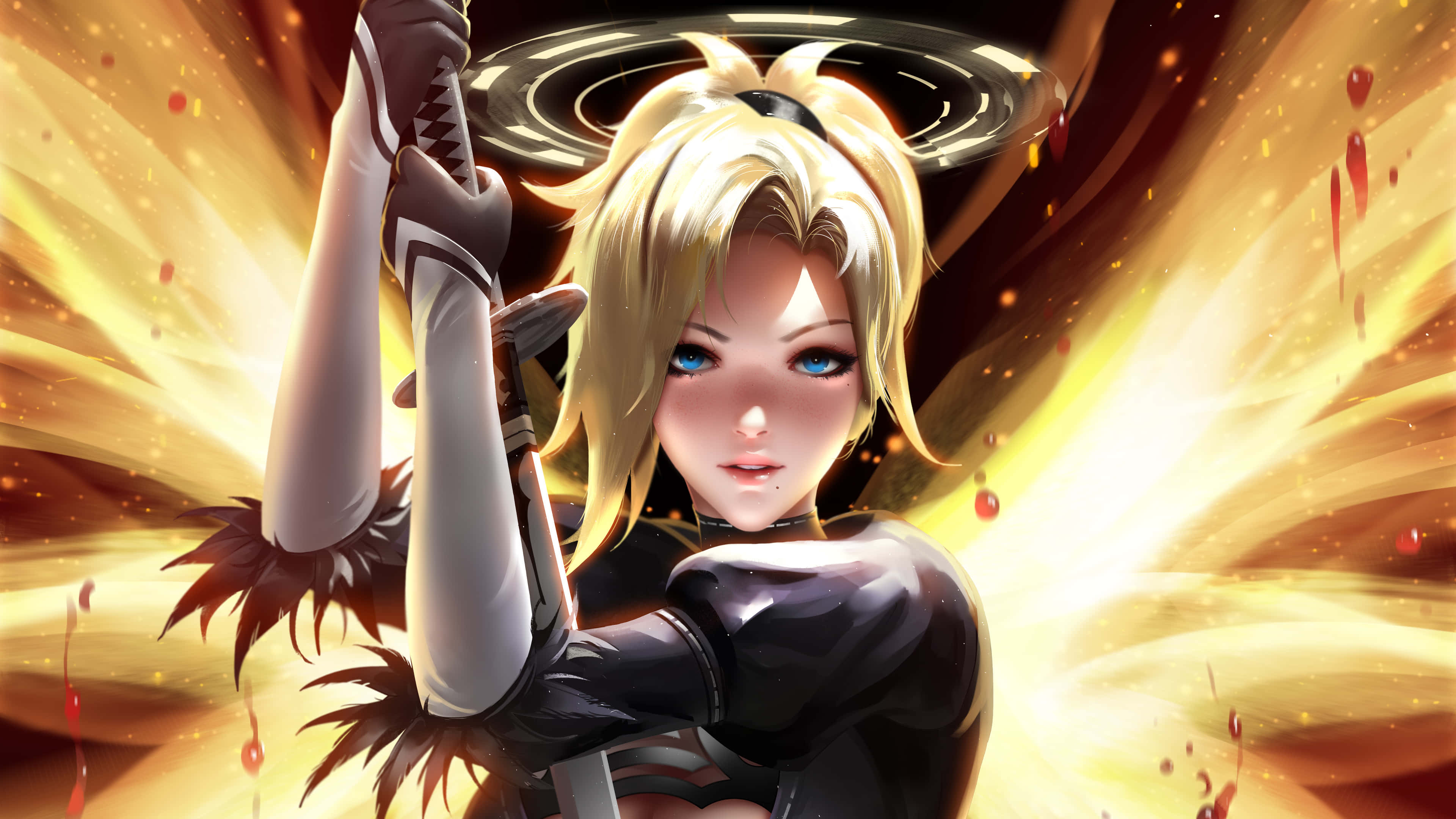 Mercy Overwatch 桌布 壁紙 — 一位金髮藍眼的動漫戰士在血跡斑斑的火熱金色背景前高舉劍刃。