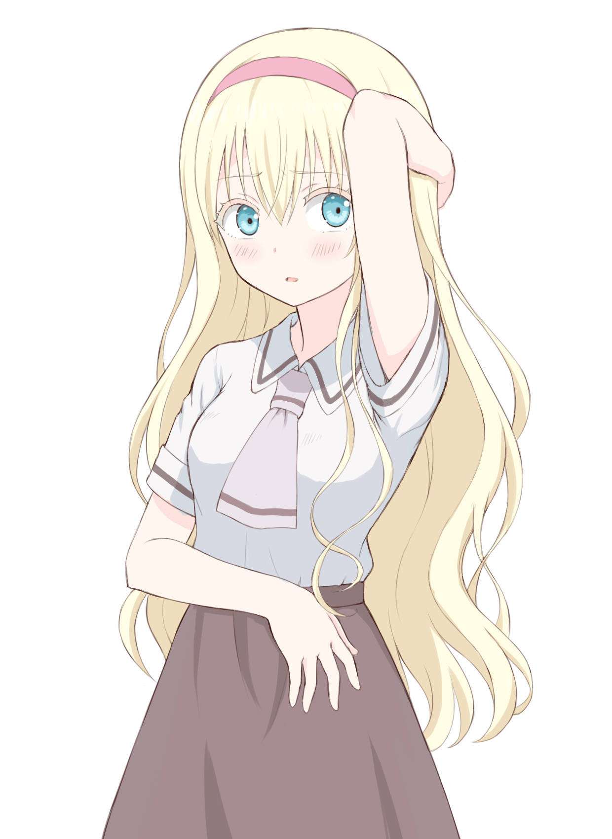 asobi asobase 桌布 壁紙 — 一位金髮藍眼的女動漫角色穿著校服，在純白背景上輕輕觸碰她的頭髮。