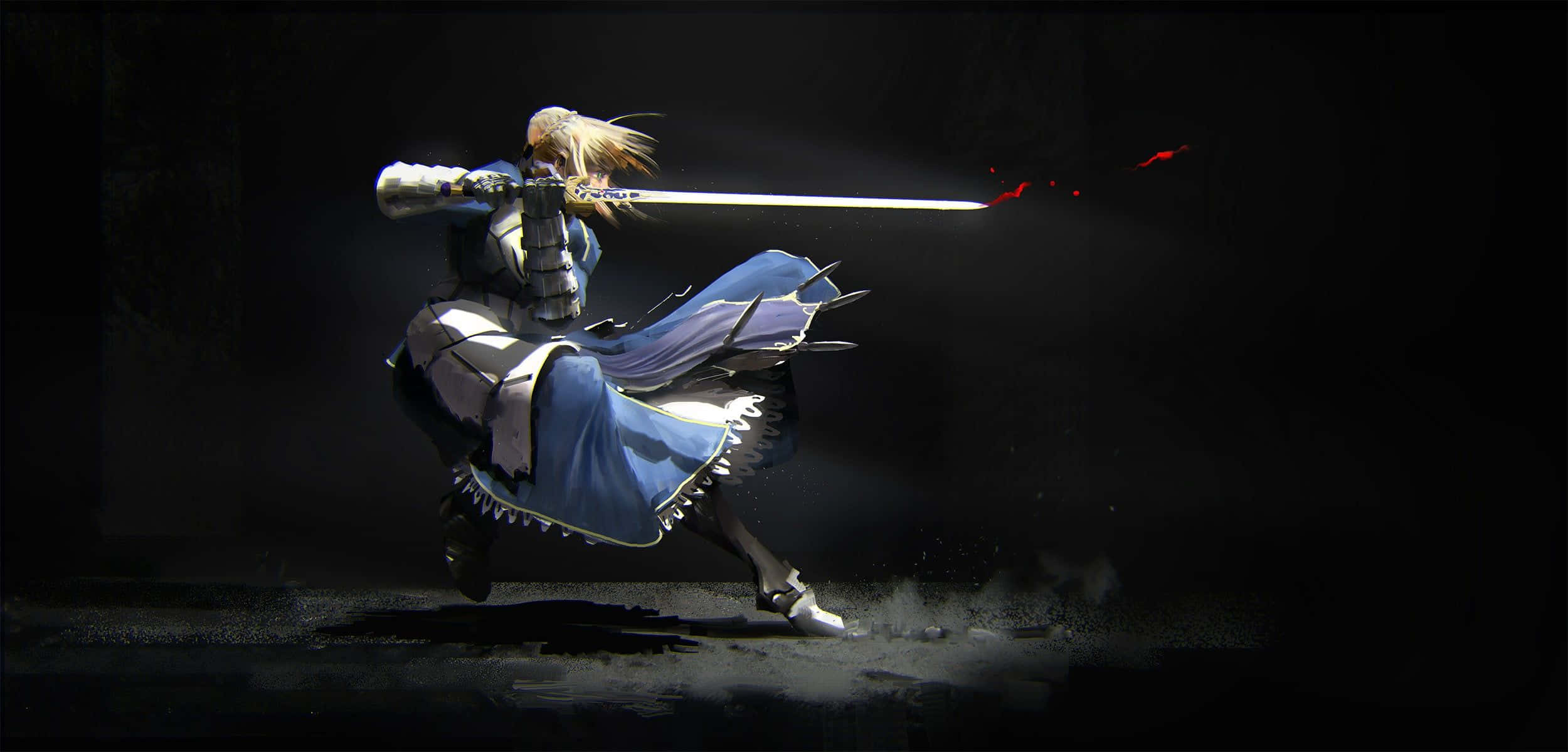 動漫女孩 桌布 壁紙 — 一位金髮藍色披風的戰士在黑暗、戲劇性的聚光燈下揮舞著發光的劍。