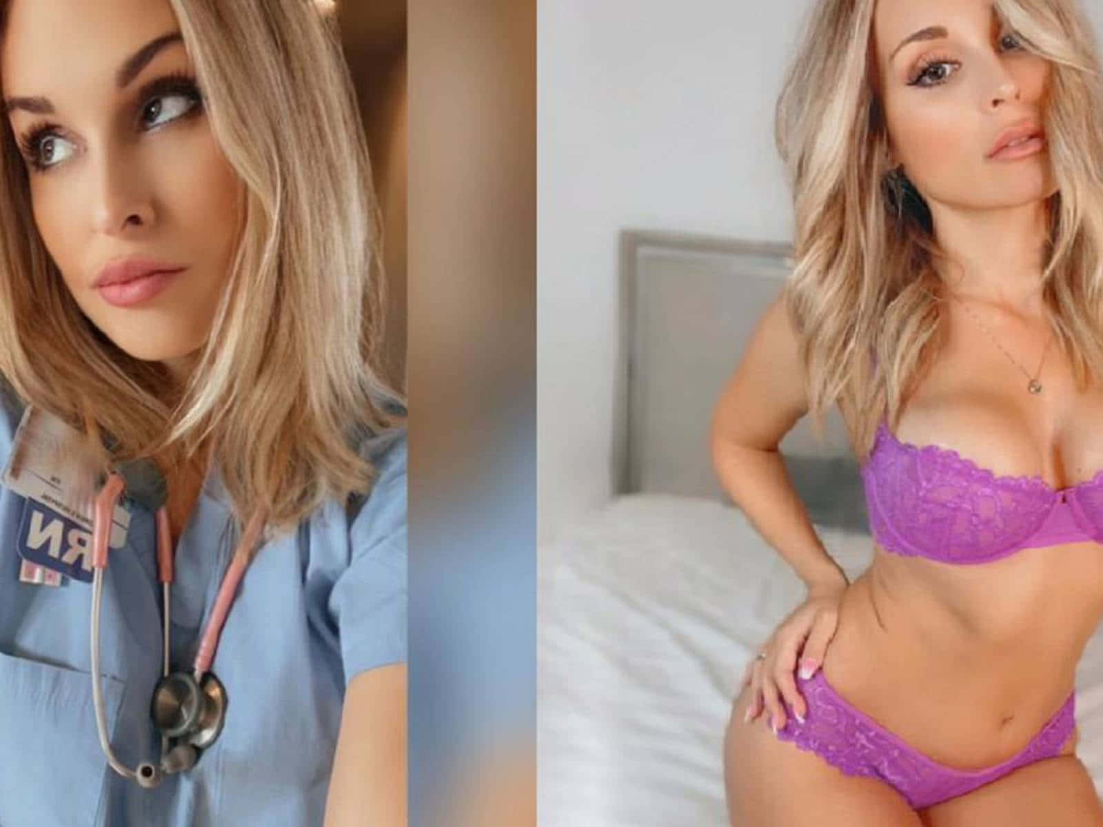 sexy bikini 桌布 壁紙 — 一位金髮藍色護士服女子戴著聽診器，旁邊是一位金髮紫色蕾絲內衣女子躺在床上。
