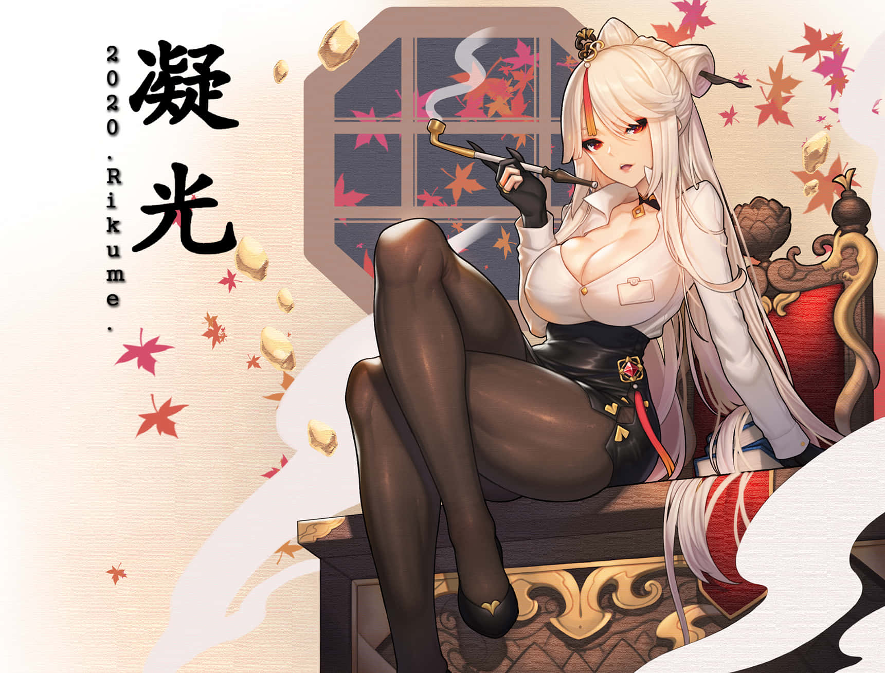 Genshin Impact Ningguang 桌布 壁紙 — 一位金髮貓耳動漫女孩懶洋洋地坐在華麗的椅子上抽煙斗，秋葉在她周圍旋轉。
