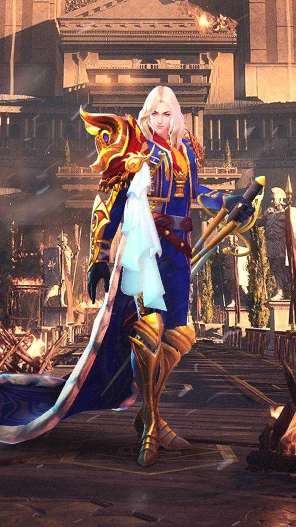 Mobile Legends 動態圖 桌布 壁紙 — 一位金髮身穿藍金鎧甲的戰士自信地站在燃燒的古代廢墟中，手持發光的劍。