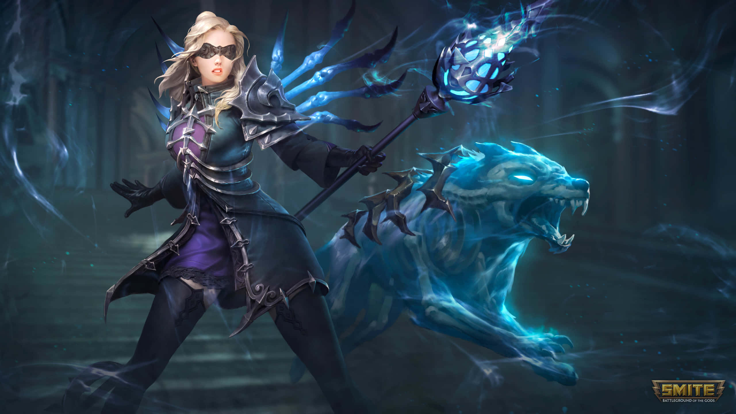 Smite 桌布 壁紙 — 一位金髮身穿鎧甲的法師在黑暗神秘的地牢中，在幽靈般的藍色狼旁邊揮舞著發光的藍色法杖。