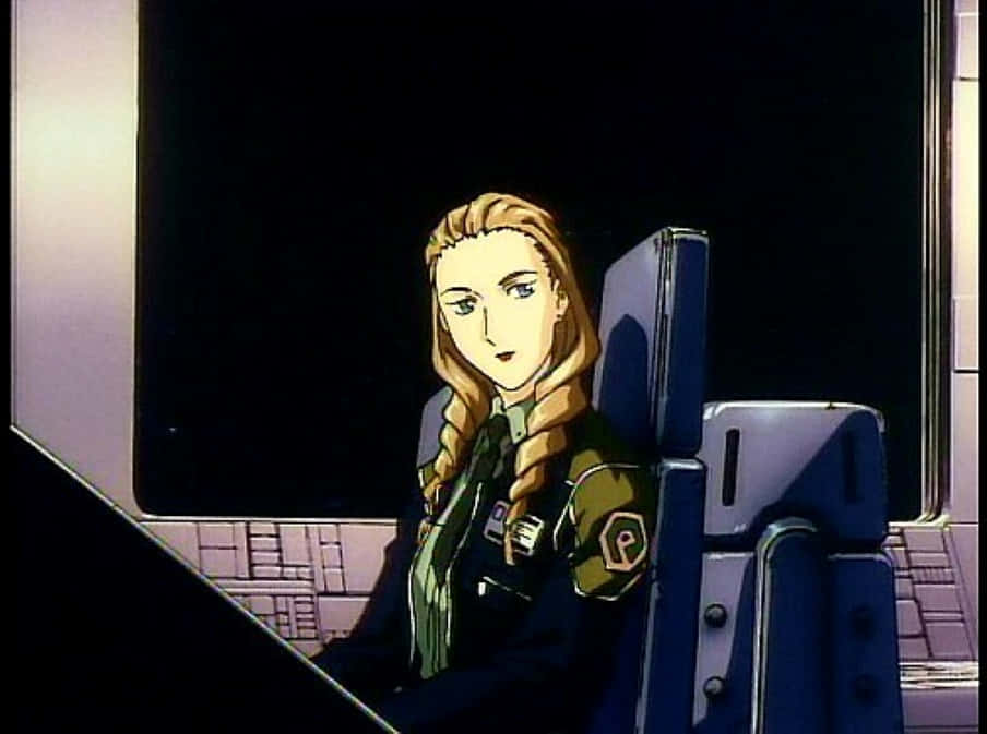 Gundam Wing Sally Po 桌布 壁紙 — 一位金髮辮子動畫女飛行員坐在未來主義的駕駛艙中，被柔和的光線照亮，背景是黑暗的窗戶。