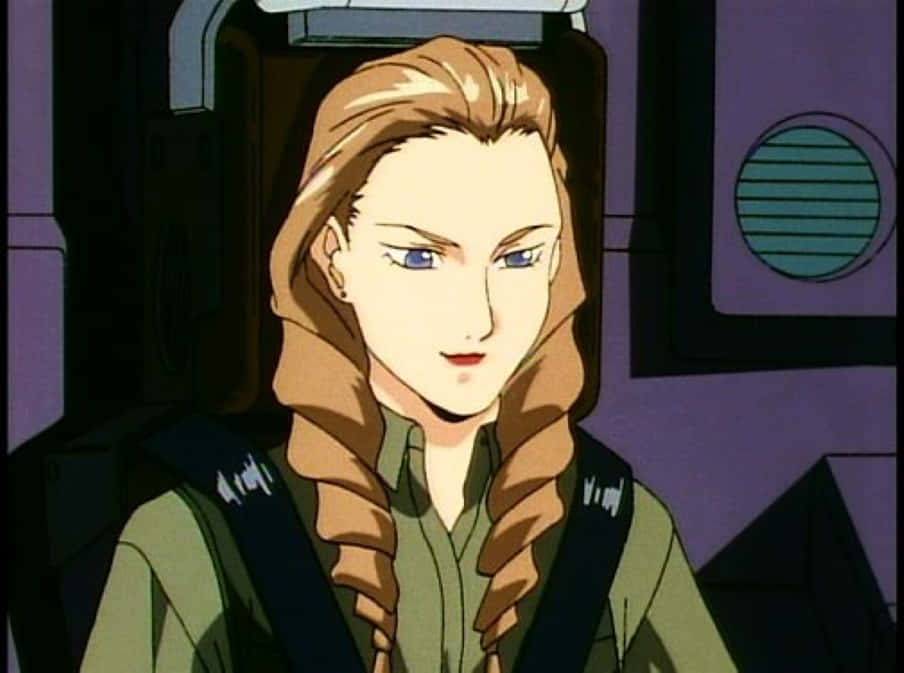 Gundam Wing Sally Po 桌布 壁紙 — 一位金髮辮子動畫女飛行員坐在駕駛艙內，穿著綠色飛行服，背景是紫色內部。