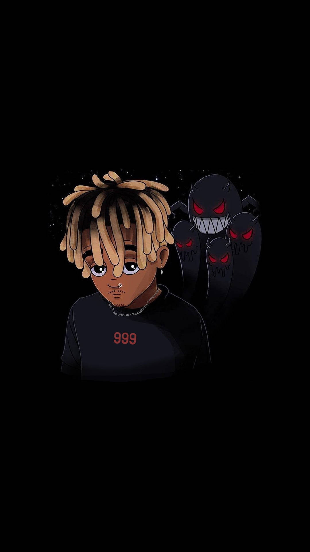 年輕男子留著辮子，在黑暗環境中面對三個紅眼鬼魂。 — Juice Wrld 壁紙