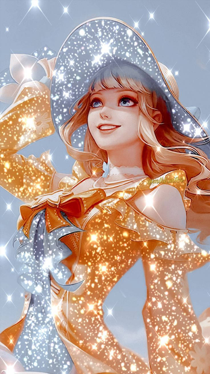 Guinevere 桌布 壁紙 — 一位金髮閃亮、戴著閃爍帽子的動漫女孩，在星空背景下愉快地微笑。