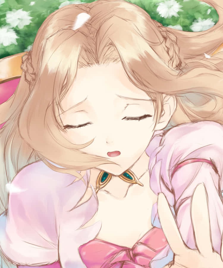 Nunnally Lamperouge 桌布 壁紙 — 一位金髮閉眼的寧靜動漫女孩，穿著粉紅色連衣裙，在白色花田中安然休息。